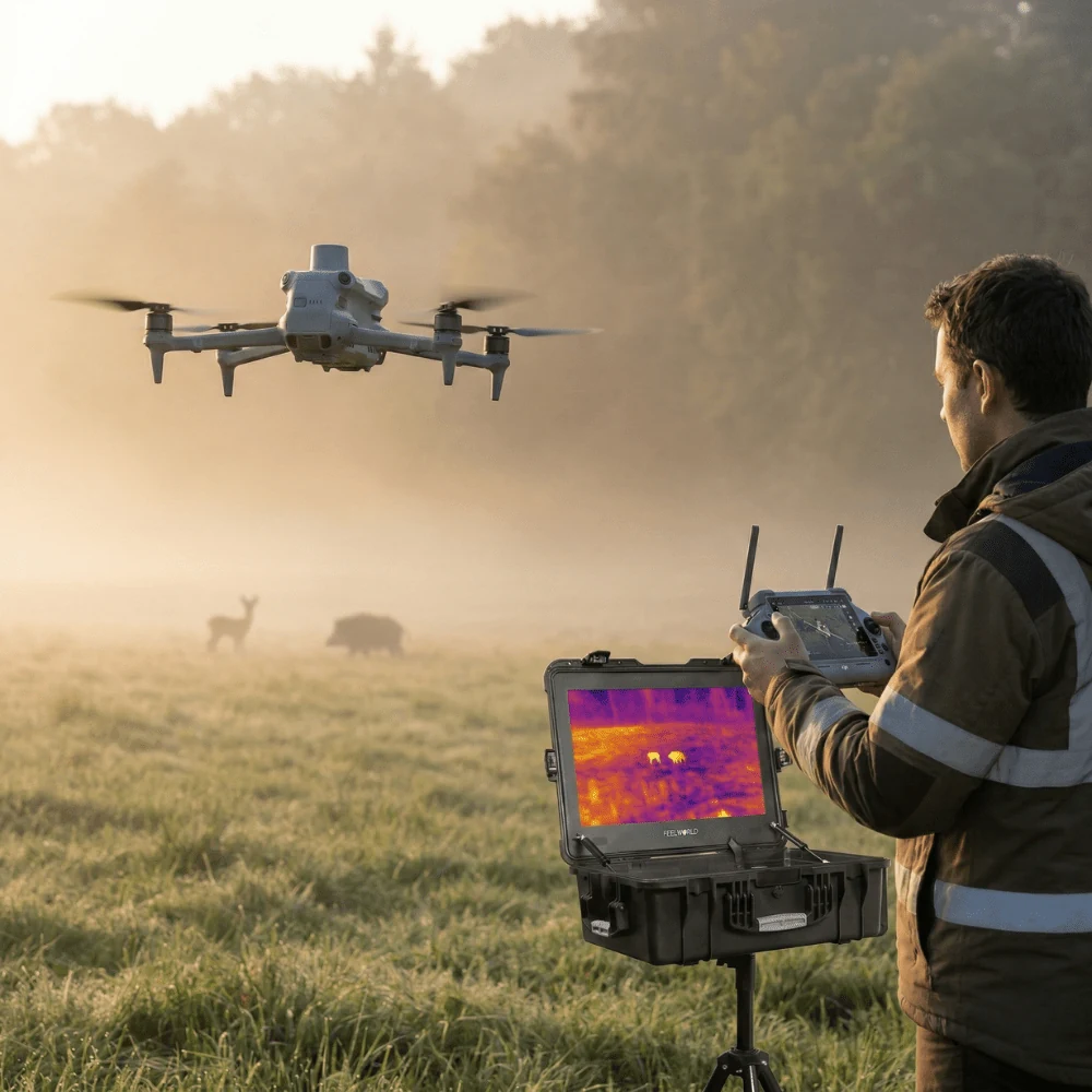Illustration d’un opérateur observant la faune avec un drone et un écran de retour thermique