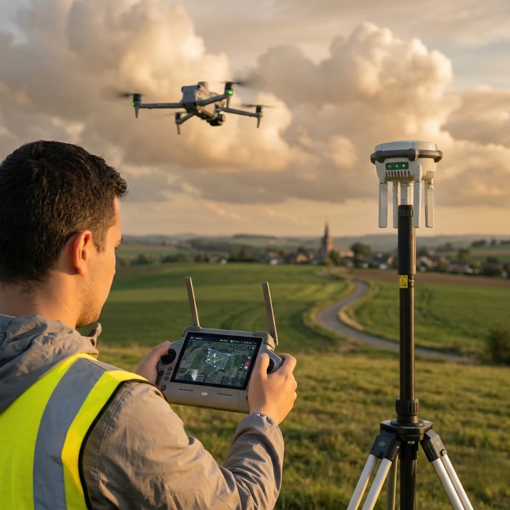 Illustration d’un opérateur pilotant un drone au-dessus du terrain, avec une station RTK à ses côtés