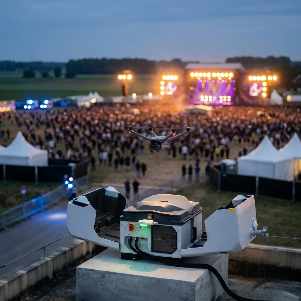 Illustration d’un drone et d’une station DJI Dock 3 dans un contexte événementiel