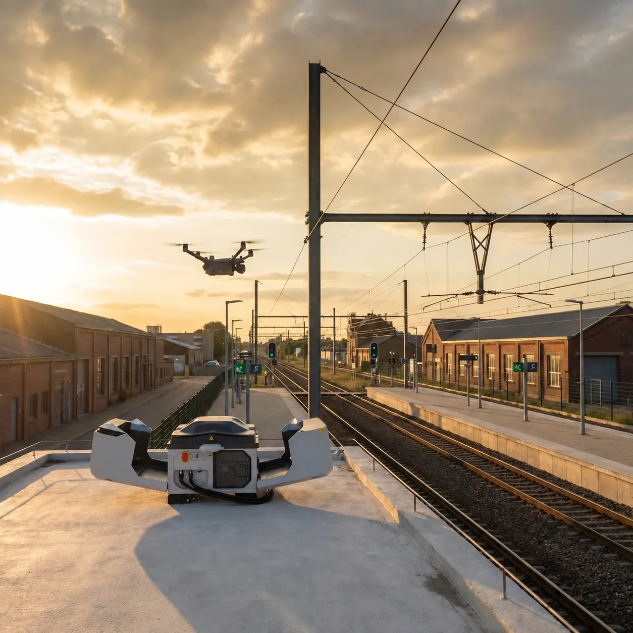 Illustration d’un drone et d’une station d’accueil près de voies ferrées