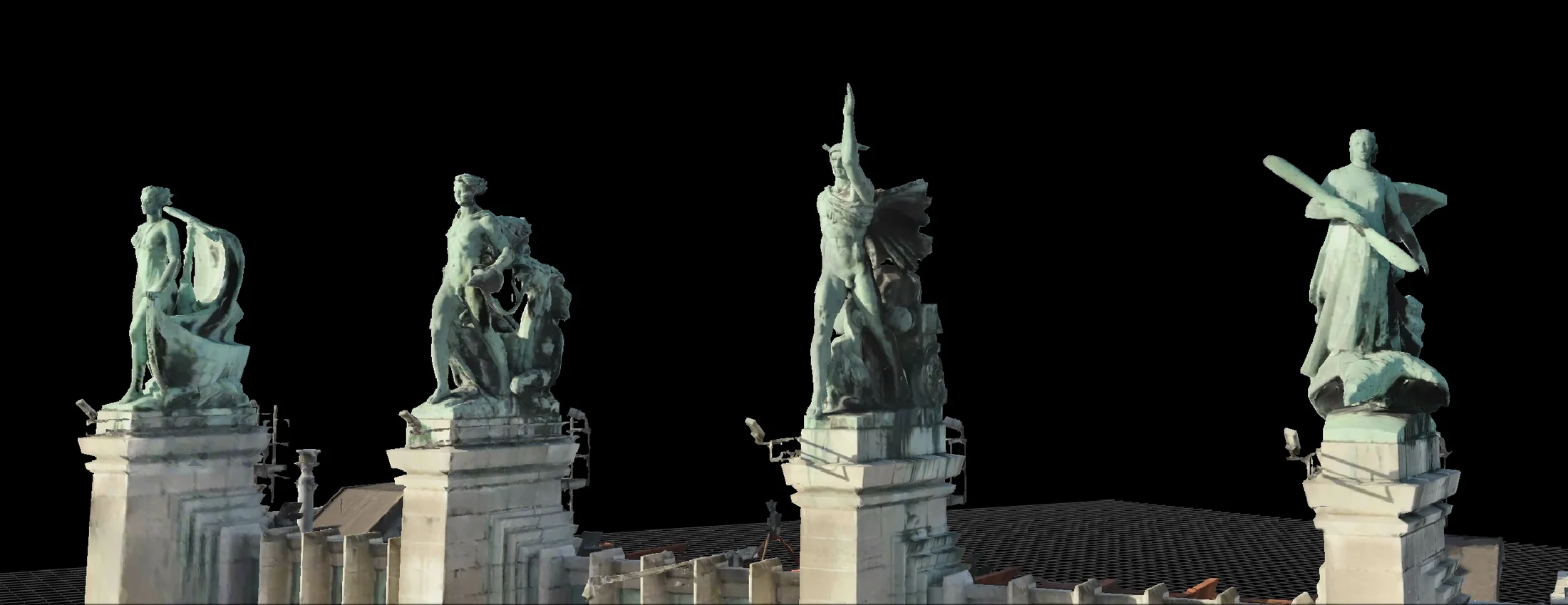 Reconstruction 3D détaillée de quatre statues et de leurs socles sur un fond noir