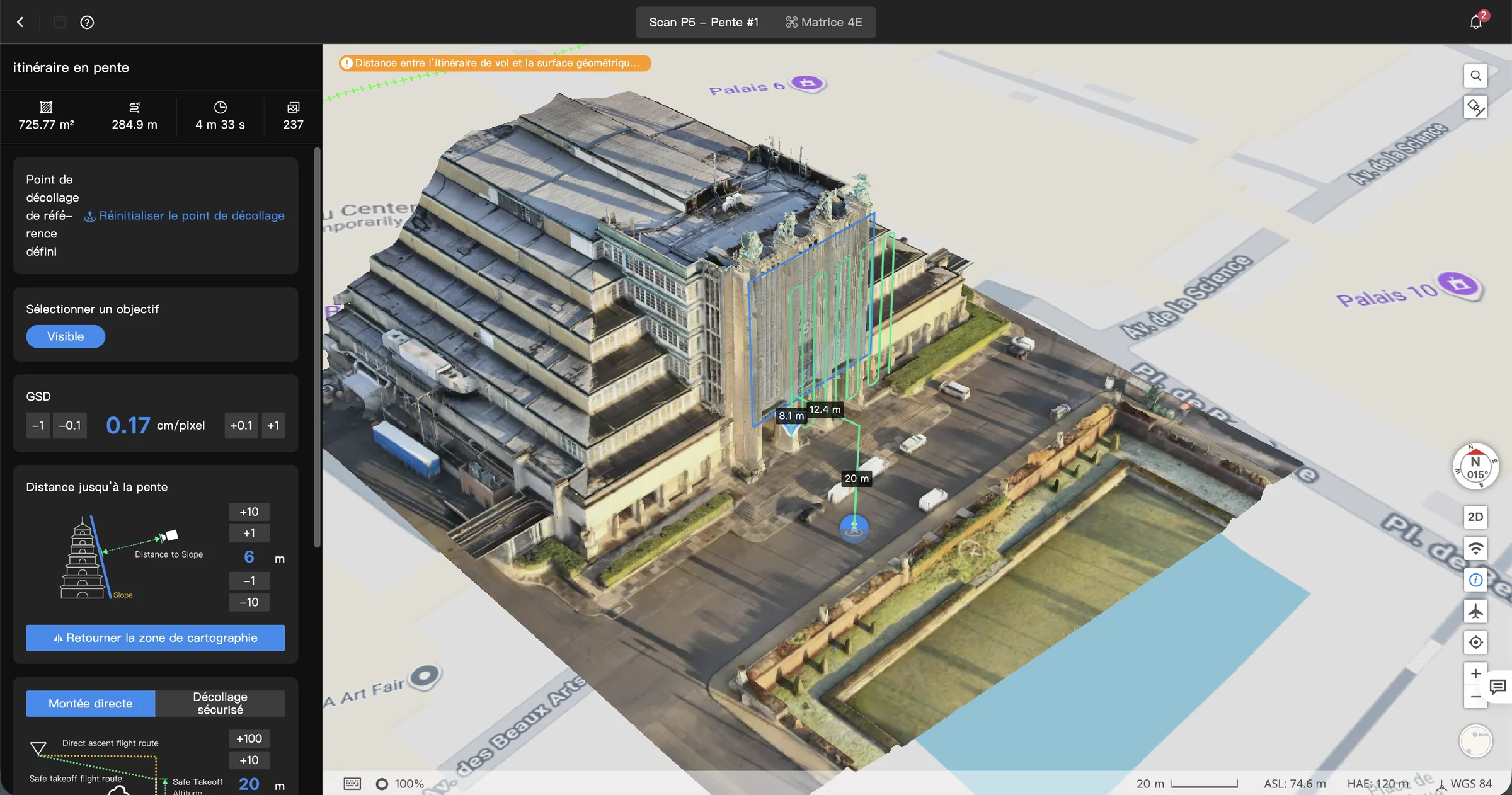 Interface DJI FlightHub 2 montrant une route en pente et les passages prévus devant la façade du bâtiment